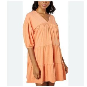 NWT Sundry Mini Dress Womens 1 Small Orange Tiered V-Neck Short Puff Sleeve Knit